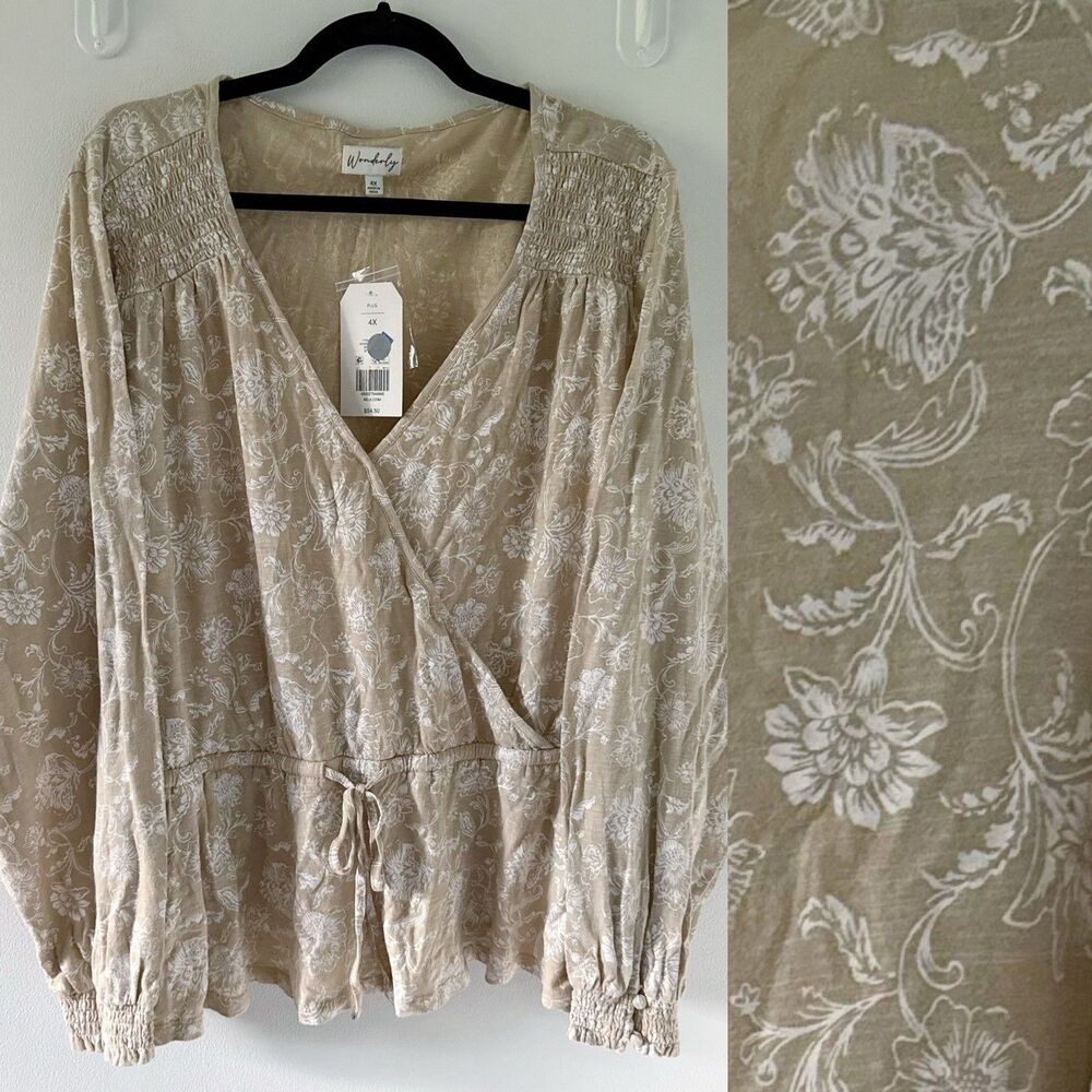 NEW Wonderly Plus Size Tie Waist Peplum Blouse Top Shirt V-Neck Cotton 4X India
